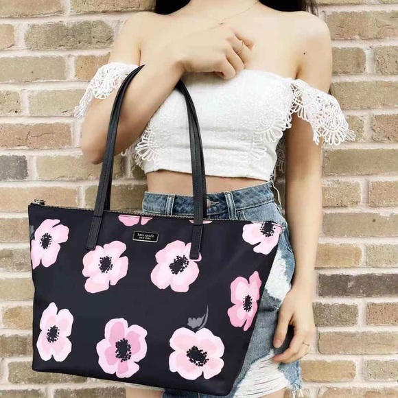 Kate Spade Hayden Floating Poppies Top Zip Nylon Tote Black Pink Floral Rose - Picture 5 of 6